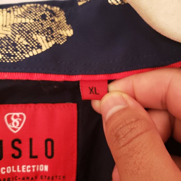 Suslo Red Collection Comfort Stretch Slim Fit Navy Blue and Gold Shiny Shirt XL - Picture 3 of 16